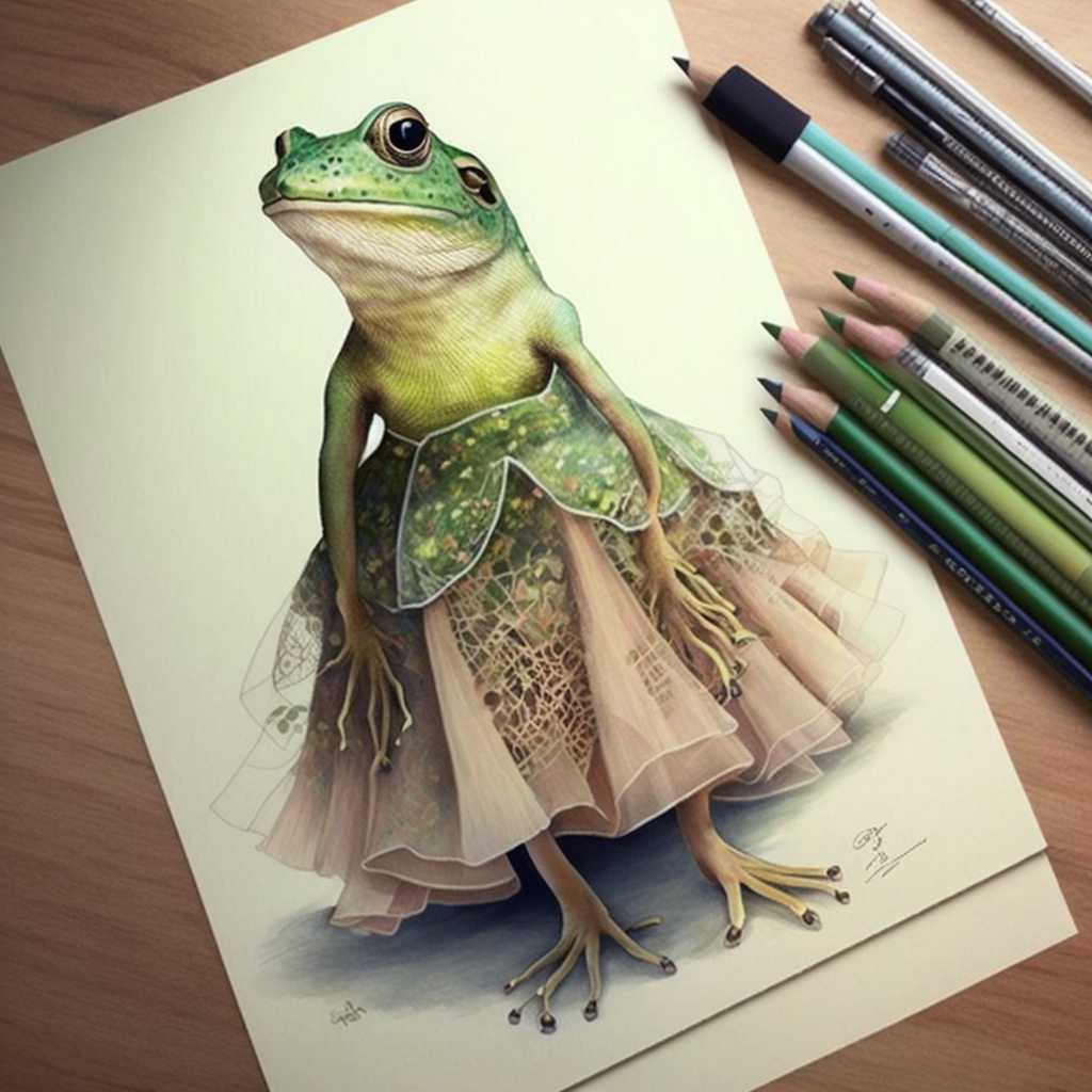 Fashion sketch of frog evening gown.