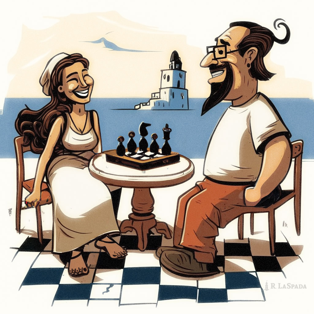 Illustration of young couple playing chess in Santorini. Game theory at play