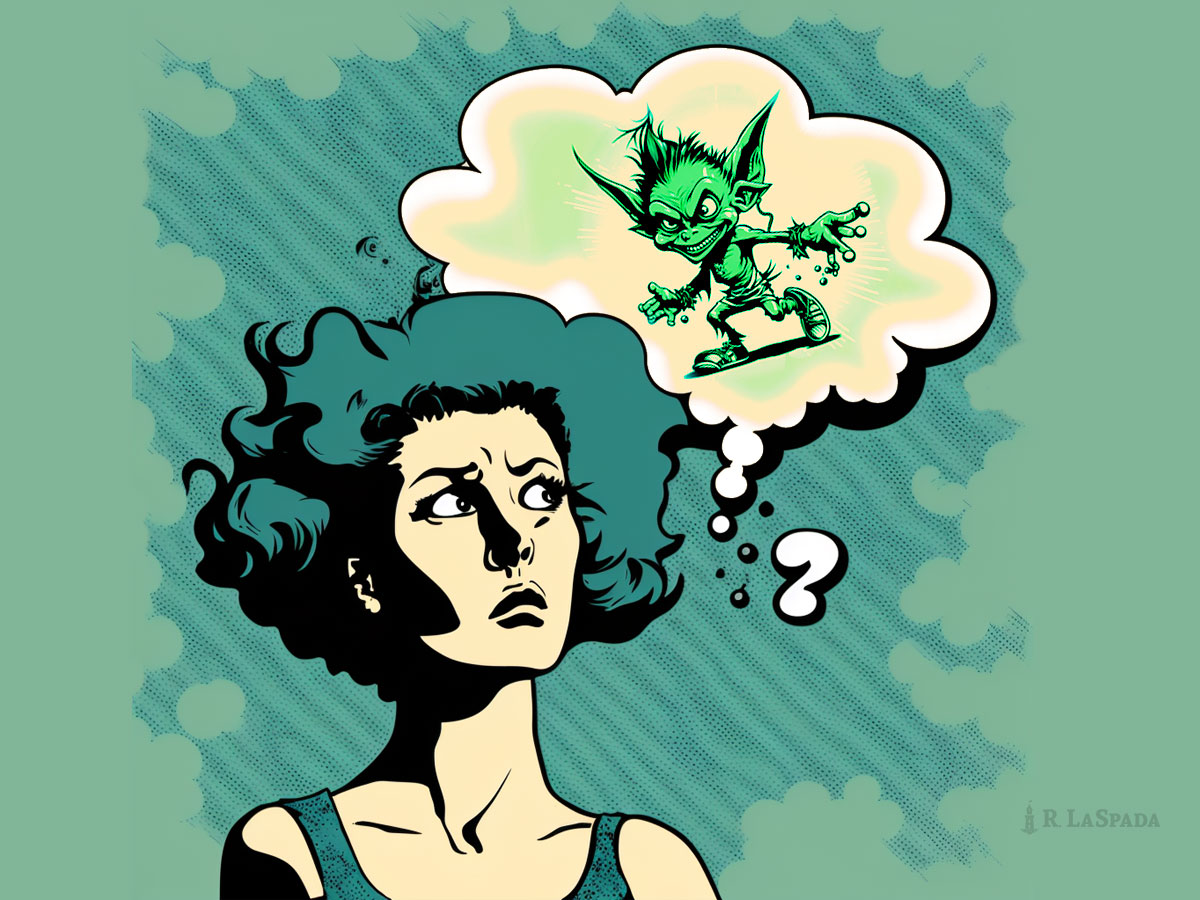 Illustration of concerned looking woman with a thought bubble above her head. In the bubble is a gremlin monster.