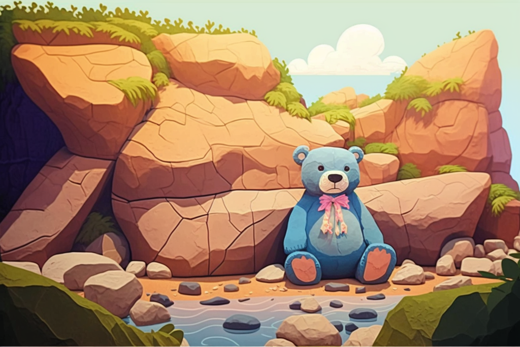 Blue teddy bear sitting against rocky background, illustrated.